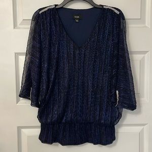 MSK sparkly blouse with sheer batwing sleeves and cinched waist.